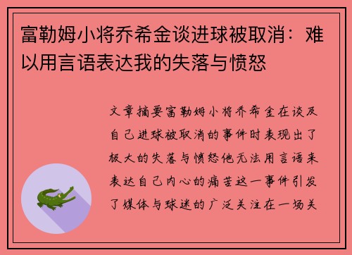 富勒姆小将乔希金谈进球被取消：难以用言语表达我的失落与愤怒